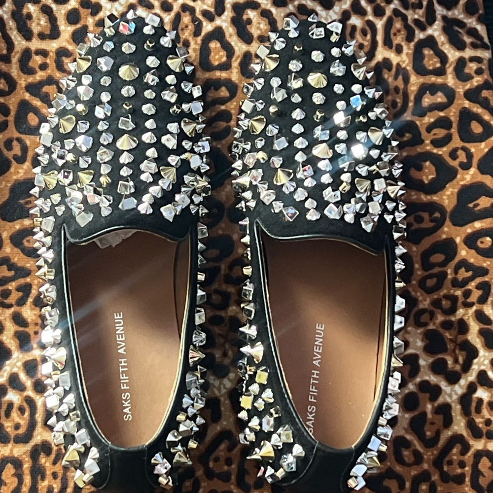Saks Fifth Avenue Black and Silver Studded Loafers